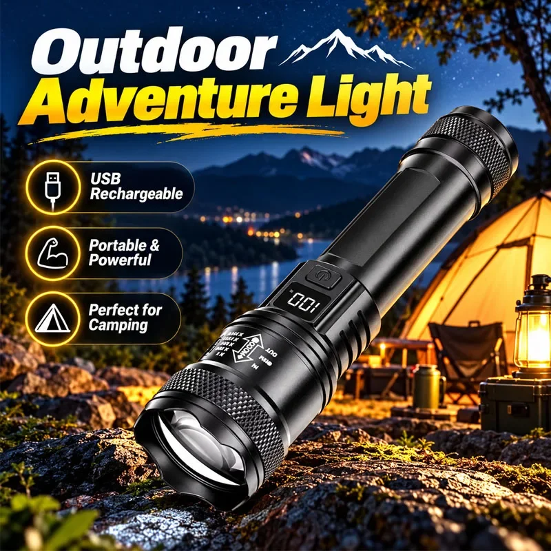 Rechargeable Zoom Flashlight Digital Battery Indicator Super Bright Long Distance Beam Adjustable Focus Handheld Torch for
