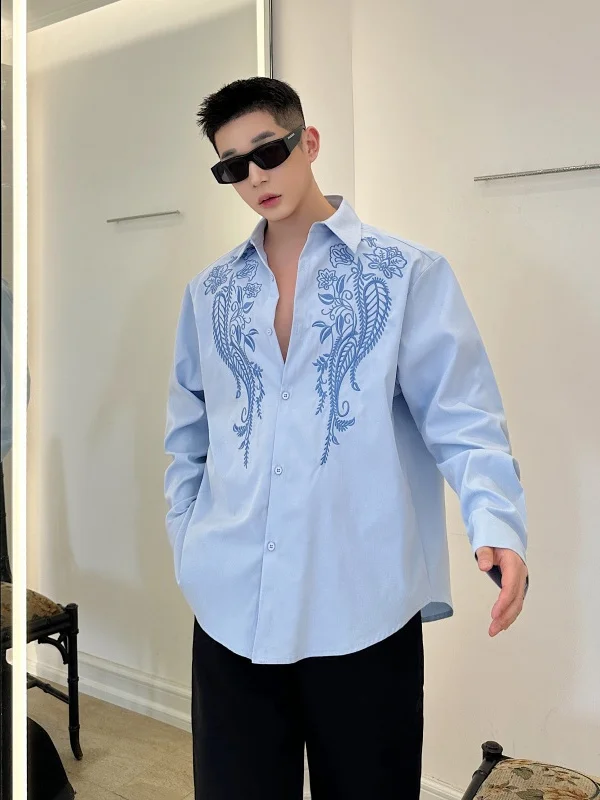 Kemeja Pria Bordir Kerah Longgar Model 2025, Serbaguna, Mewah, Stylish, Nyaman, Elegan, Lengan Panjang, Atasan Keren