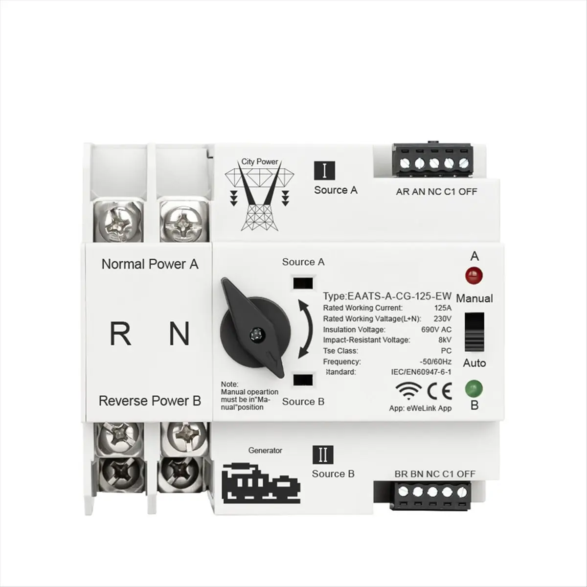 BAAQ ATS WiFi Smart Dual Power Automatic Transfer Electrical Switch Uninterrupted Power Supply 125A 2P