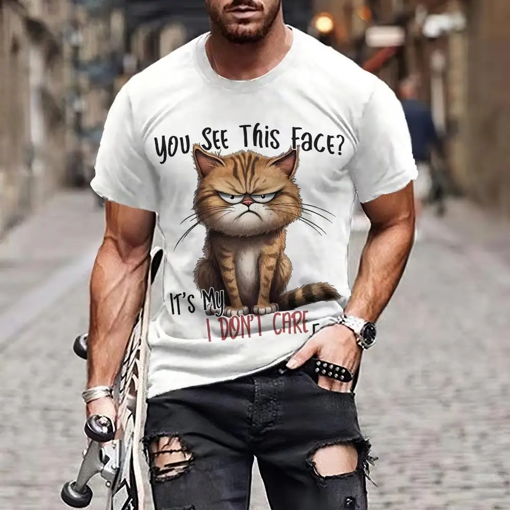 Funny Cat Printed Men's T Shirts Slogan Text Graphic Short Sleeve Tees T-Shirts ​Summer Casual O-Neck Loose Tops Men's Clothing