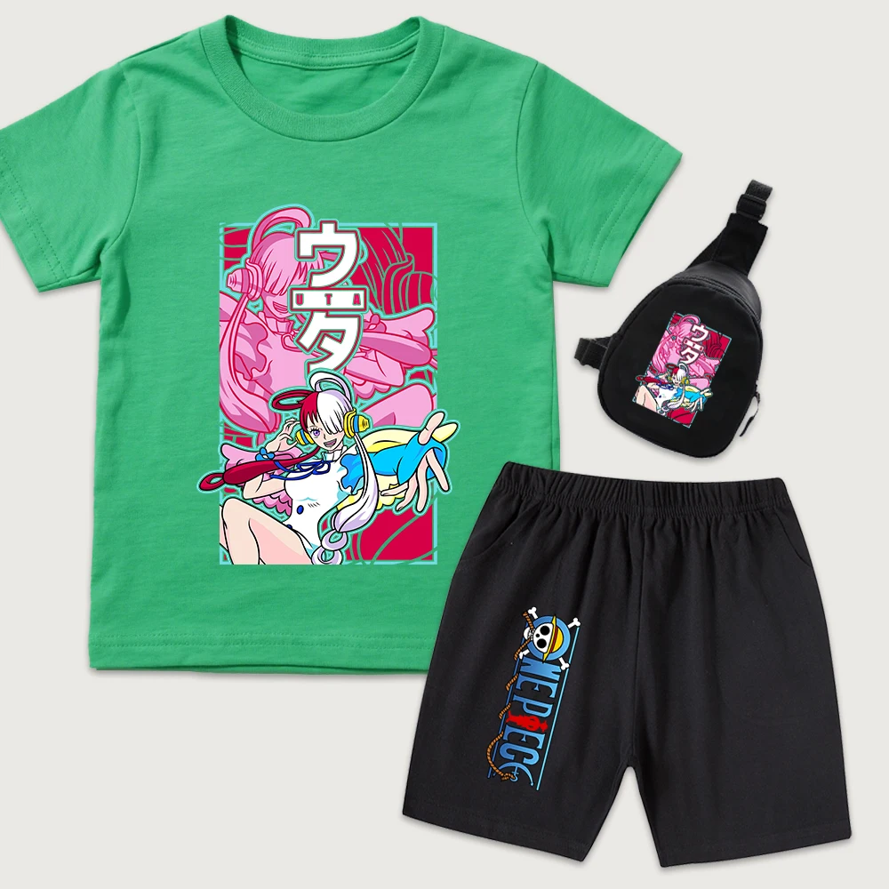 One Piece Uta Anime Print Cotton T Shirt Shorts Mini Chest Bag 3 Piece Set for Kids Boys Girls Summer Casual Outfit view 3