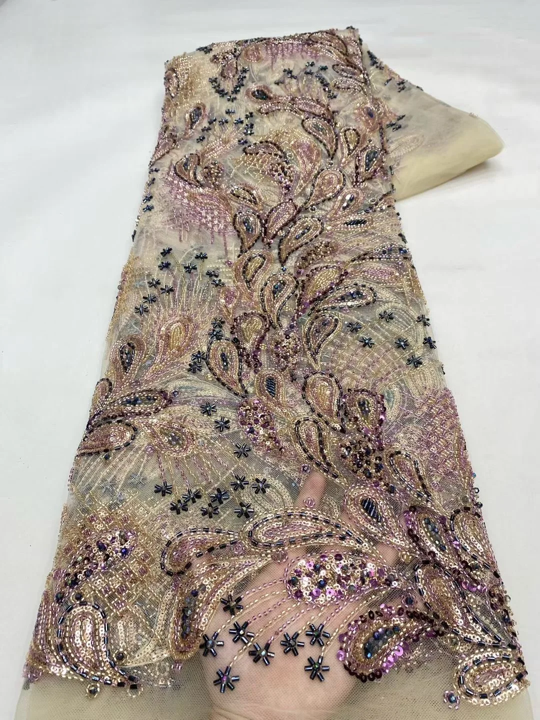 

High-end Heavy Beads Fabric, Latest African Luxury Sequins Groom Embroidery Fabrics, French Tulle Lace for Sewing Wedding
