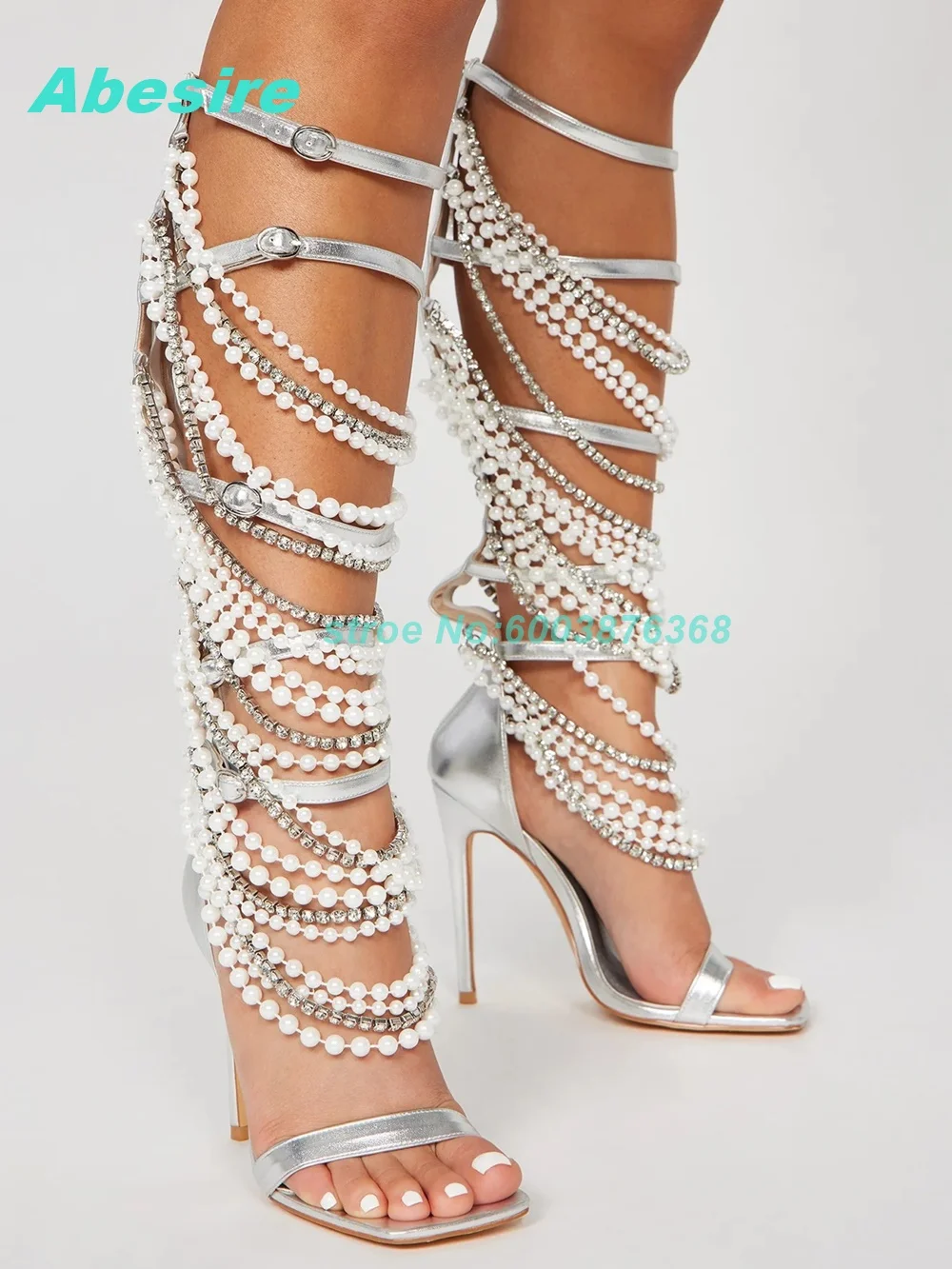 Pearl Crystal Strap Patchwork Sandal Boots Open Toe Thin Heels Multi-Buckles Shoes for Women Spicy Girls Fashion Show Shoes New