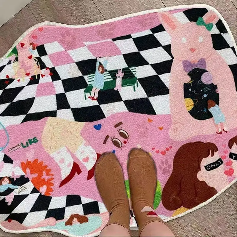 

Cartoon Rug Irregular Ins Checkerboard Graffiti Rug Cute Soft Bathroom Coffee Non-slip Faul Wool Furry Carpet Absorbent Door Mat