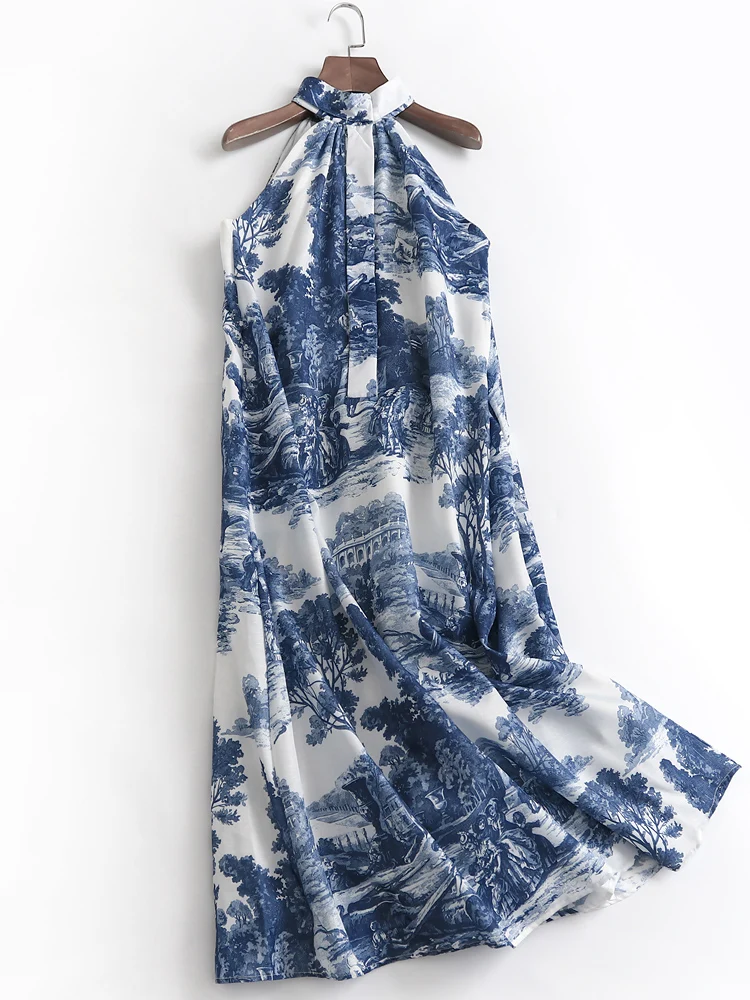 

Fashion vintage landscape painting halter r dress Female summer super temperament off-the-shoulder beach holiday style dress