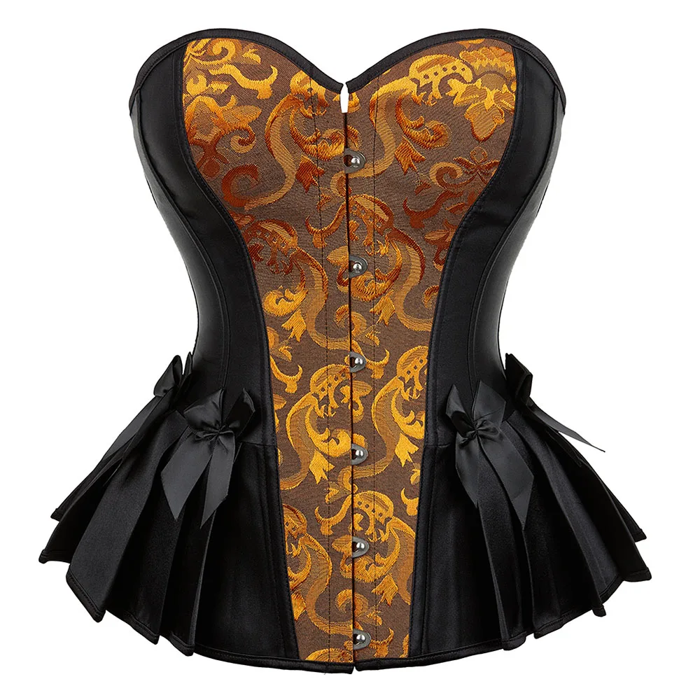 Women Overbust Corset Vintage Jacquard Satin Fashion Pleated Hem Bustier Top Gothic Body Shaper Corselet