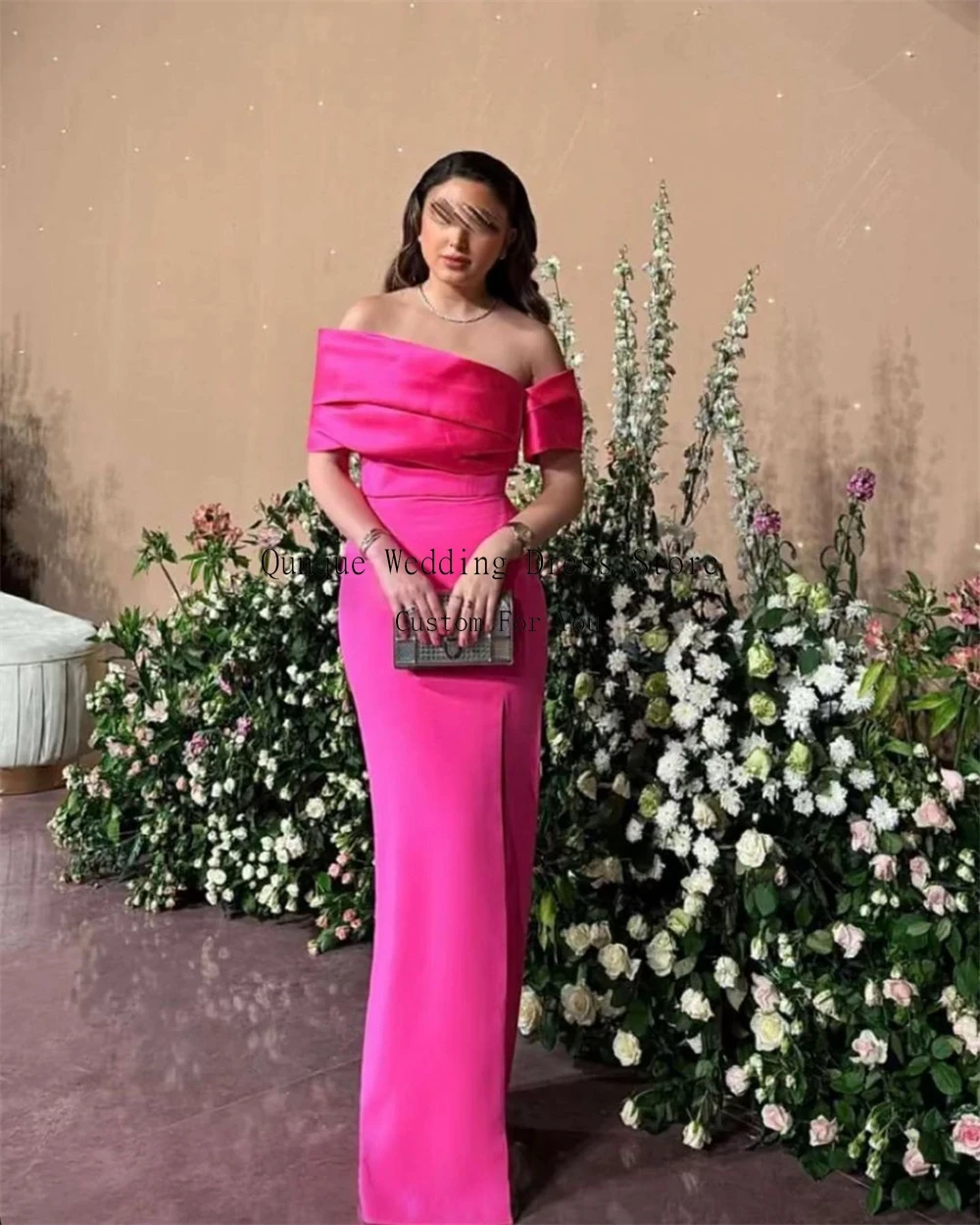 Qunque Dubai Evening Dresses For Women Hot Pink Off The Shoulder Elegant Prom Gowns Customized Split Formal Party Dress Event