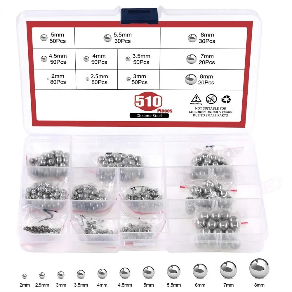 510PC 304 Stainless Steel Ball Steel Ball Dia 2mm-8mm Assortment Kit High Precision Bearing Balls Small Solid Balls