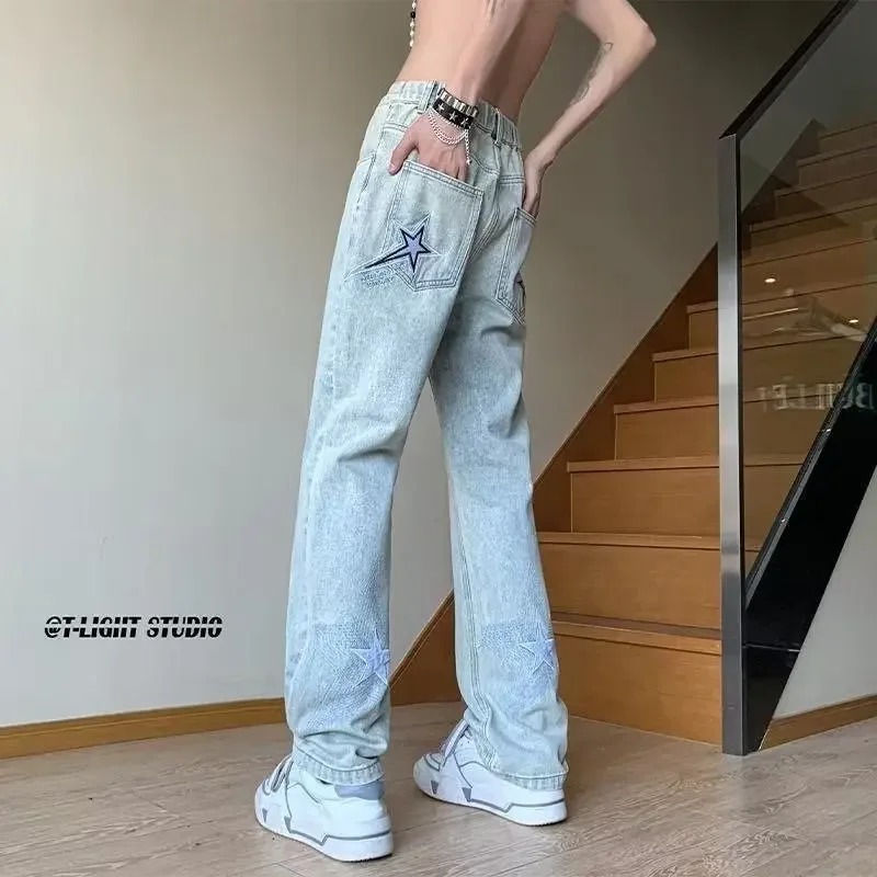 Trendige Marke 2023, neue Herren-Jeans, Sternmuster, lockere Passform, gerades Bein, lässiger Stil, modische Hose mit weitem Bein für Frühling und