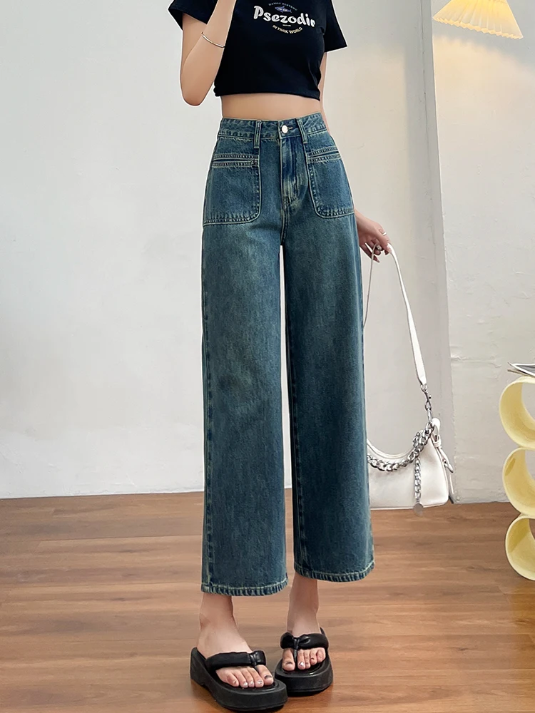 No stretch women jeans new straight leg wide streetwear high waist boyfriend pockets denim trousers cargo pants japanese y2k