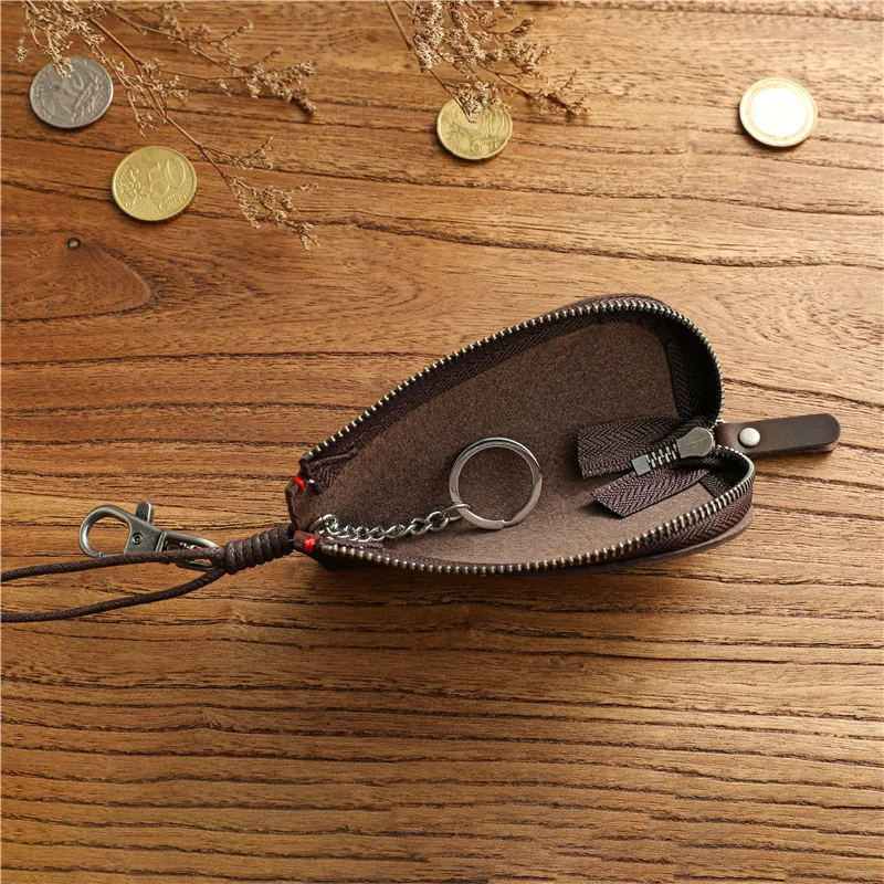 Retro Cowhide Key Holder Genuine Leather Car Key Box Men Women Keys Organizer Zipper Pouch Storage Bag