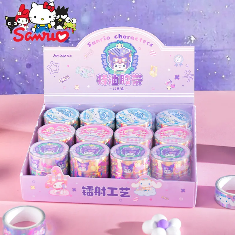 

12Pcs Sanrio Melody Kuromi Hello Kitty Cinnamoroll Pochacco Laser Special Oil Tape Laser Student Cartoon Handbook DIY Decoration