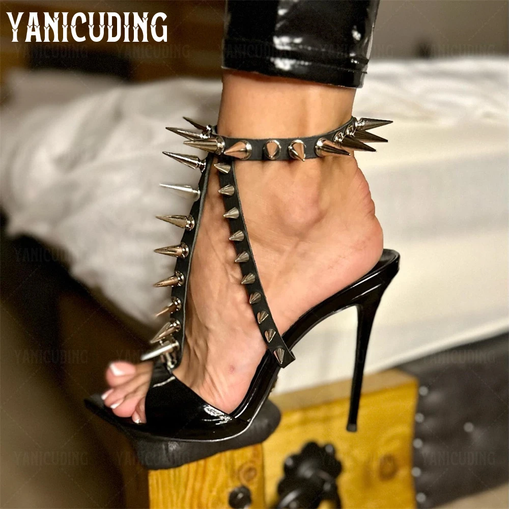 

Rivets Sandal Sexy High Heel Black Patent Leather Metallic Nails Sandals Pointed Toe Sandals Punk Style Sexy Women Summer Shoes