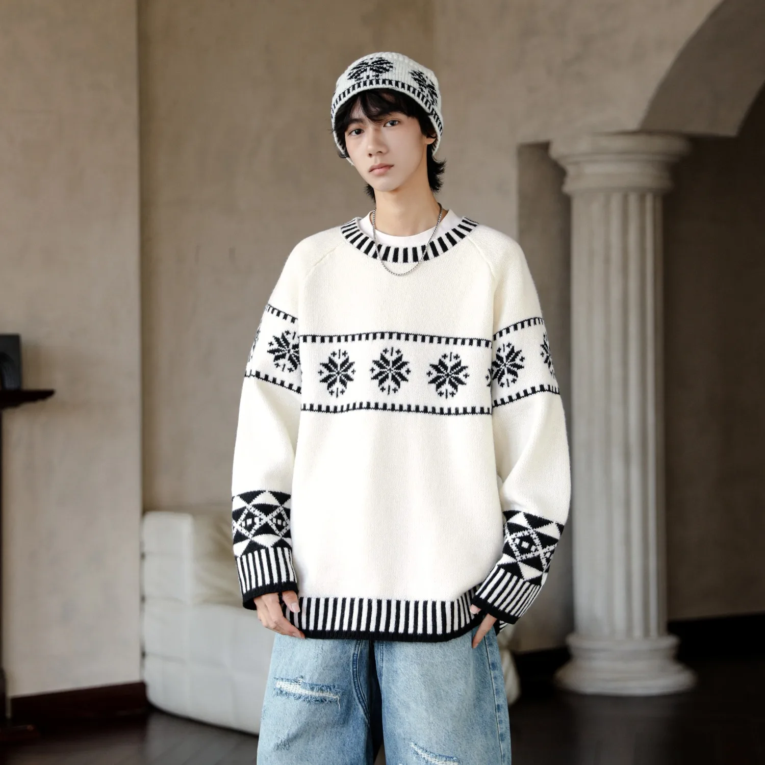 

Retro round Ne Knitted Sweater Women's Loose Couple Lazy Overhead Polyester Fiber Long Sve Warm Geometric Patterned Top