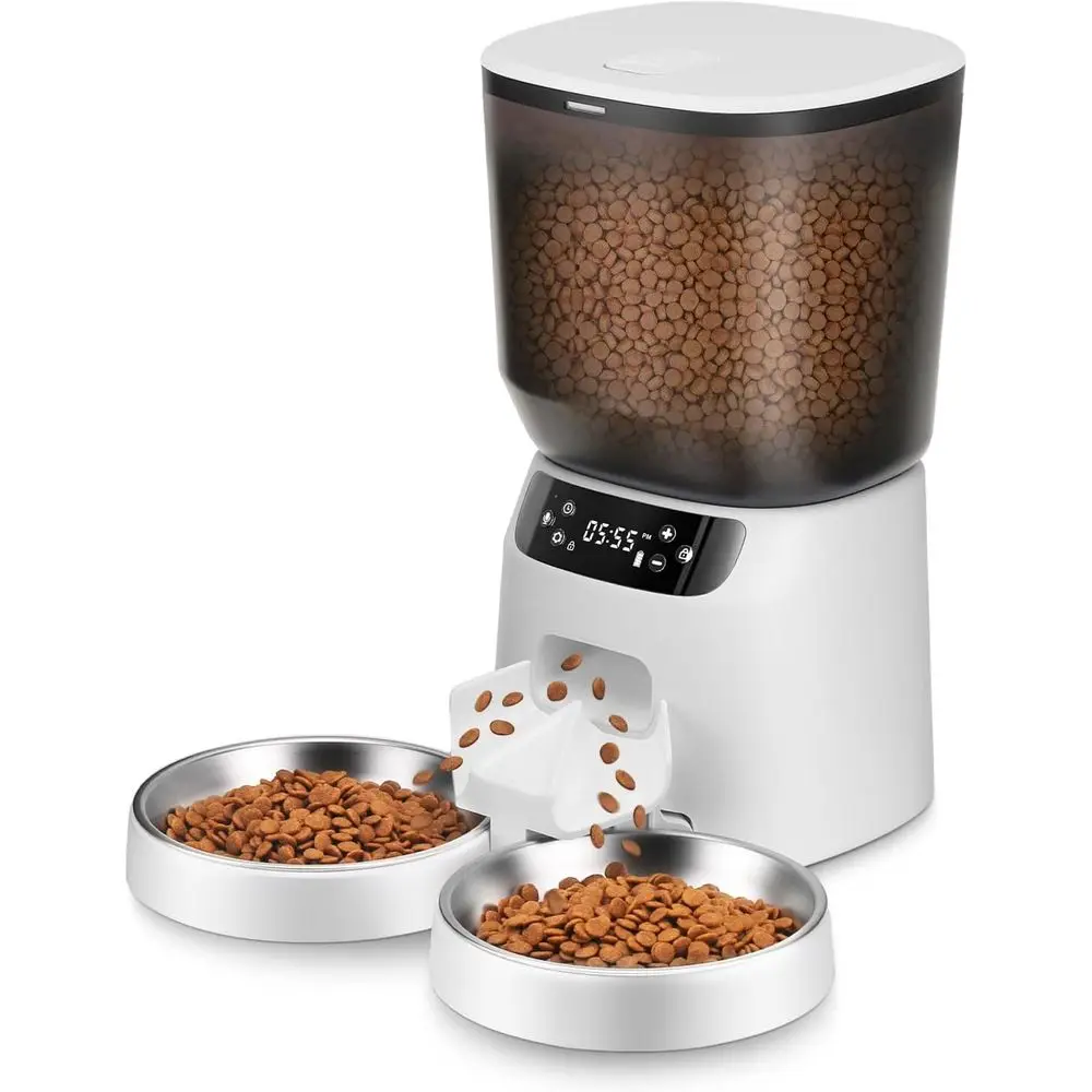 

5L/20 Cups Double Automatic Cat Food Dispenser with 2 Stainless Bowls, Timer Setting 20 Portions 6 Meals Per Day, 10s Meal Call