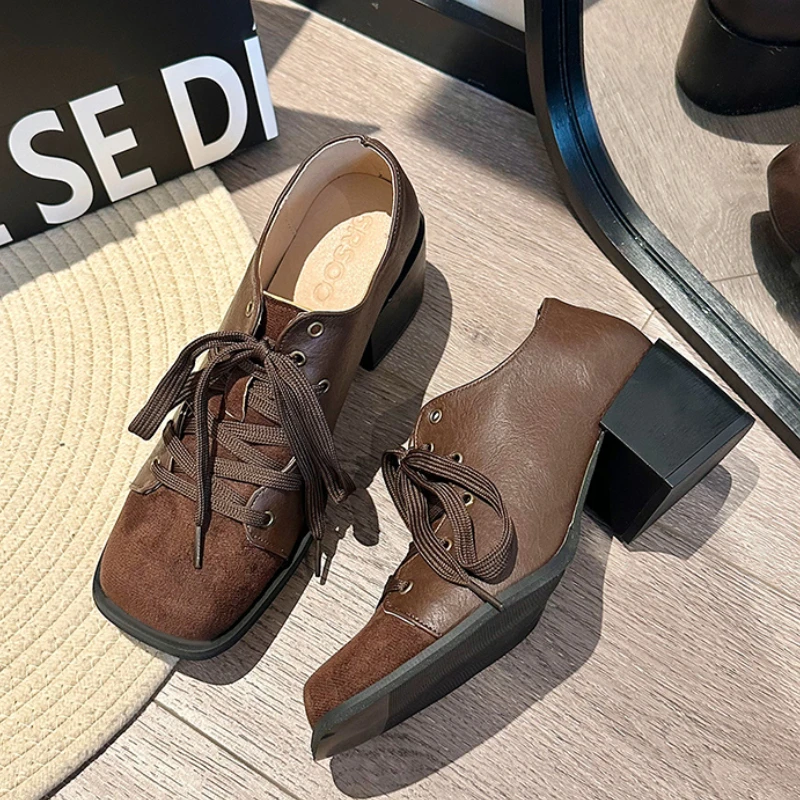 

Square Toe Chunky Women Shoes Retro Lace Up Mid Heels Shoes Spring Classic Pumps 2025 Designer Fashion Dress Zapatillas Mujer