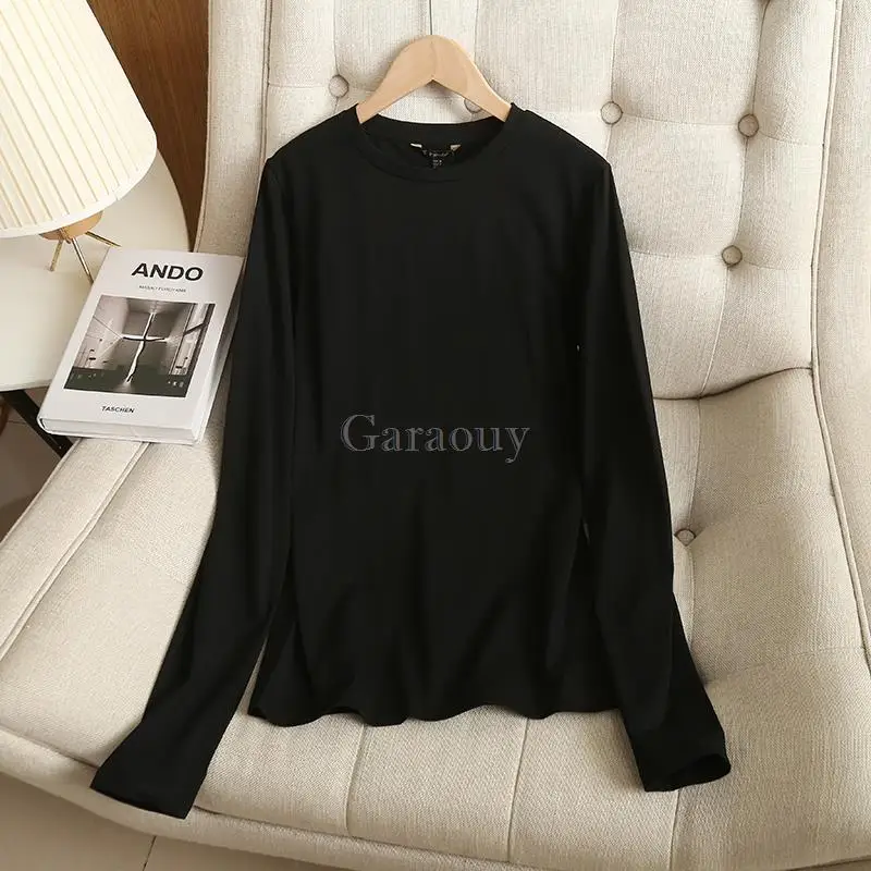 Garaouy 2023 Spring Slim Elastic Long Sleeve Solid T-Shirts Versatile White Black Basic Tees Female Bottoming Shirt Tops Mujer