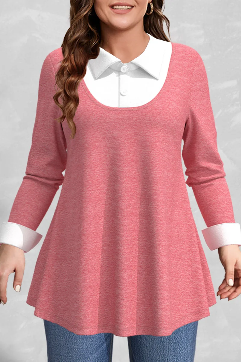 Women\'s Plus Size T Shirt Long Sleeve Turn Down Collar Patchwork Pleated A-Line Casual Sweet Autumn Female Fashion Tee Top