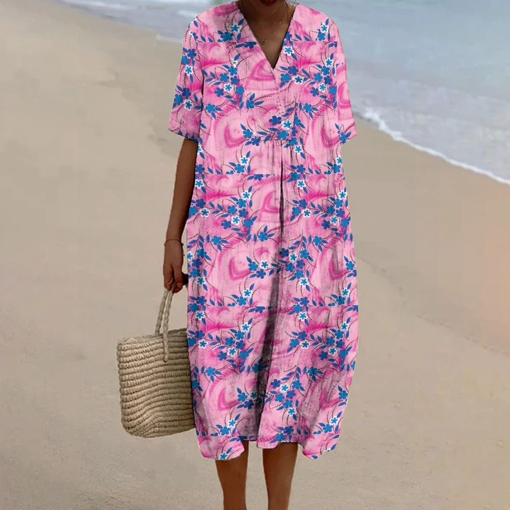 

Pink Flower Print Beach Dress High Quality Cotton Holiday Dress V-Neck Sexy Luxury Dress Elegant Straight Design Casual Wear