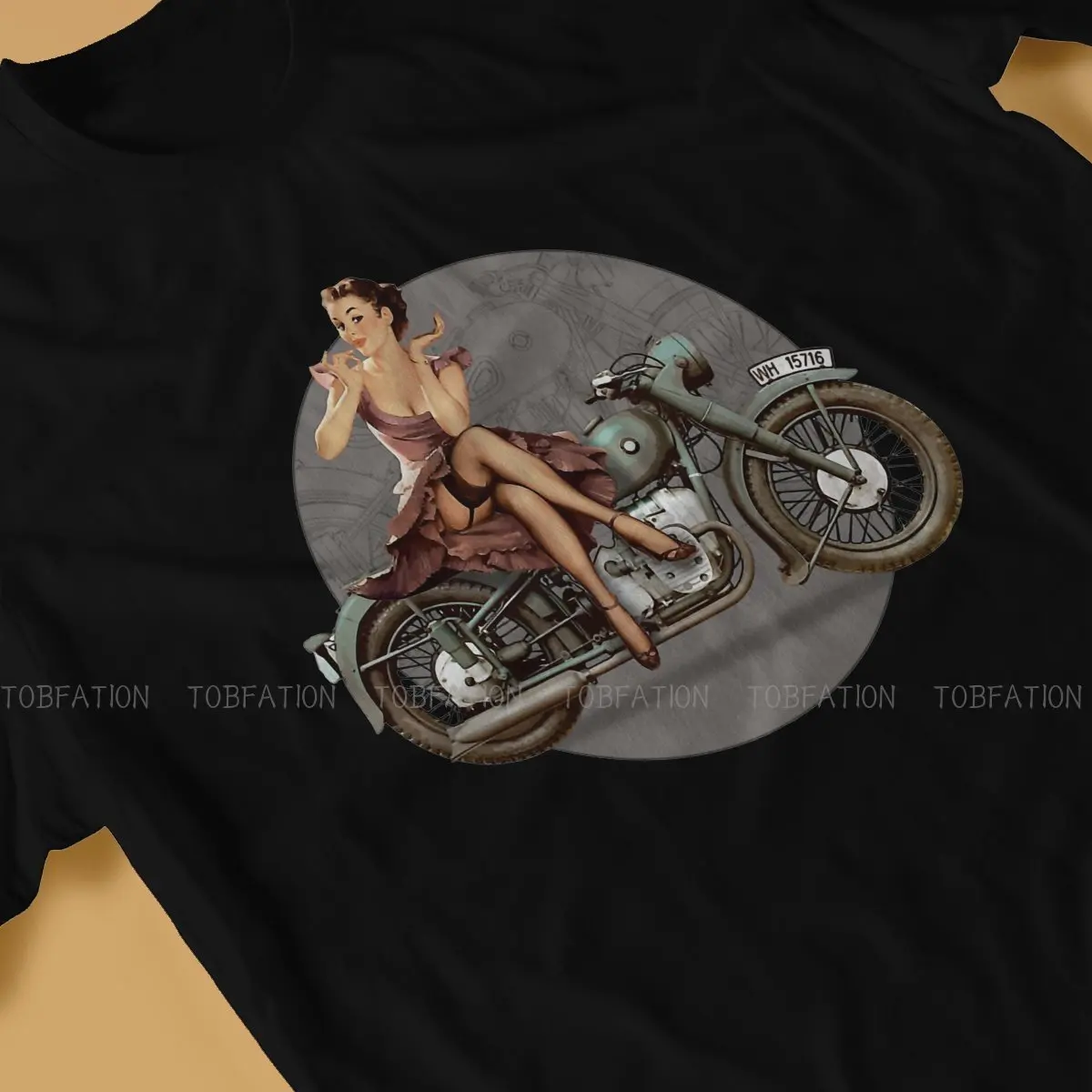 Pin Up Girl Motorcycle WWII TShirt Men Graphic Casual Crewneck Cotton T Shirt 2020