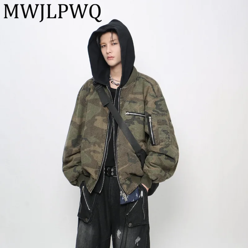 

MWJLPWQ Vintage Street Camouflage Fake Two-Piece Workwear Hooded Cotton Jacket For Men Winter American Loose Warm Coat New 21694
