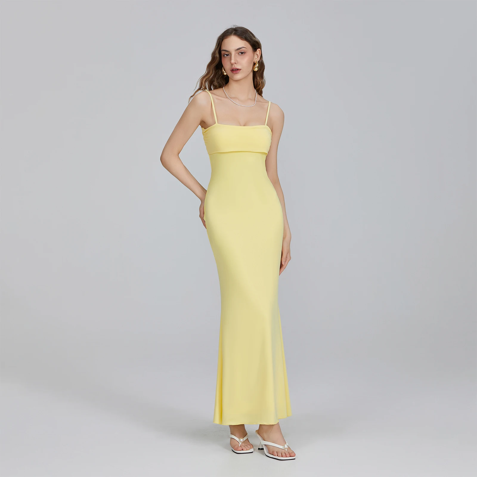 Nuevo vestido largo tipo camisola para mujer, vestido ajustado con cuello cuadrado y tirantes finos ajustables, vestido de Color sólido para fiesta, Club, boda, noche S M L