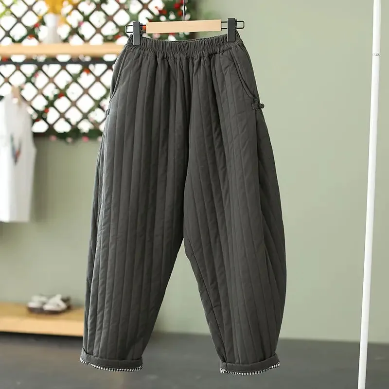 2024 Winter Warm Clip Cotton Thickened Retro Down Cotton Pants for Women's Outwear Elastic Waist Loose Relaxed Pants 6677