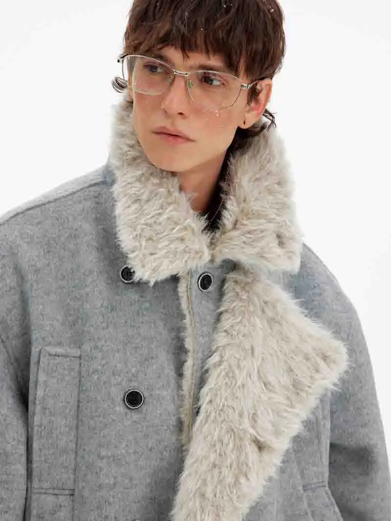 

Fur Collar Natural With Botton Jackets Mens Wool Entertainment Travel Thermal Coat Climbing Long Hip Heated Plush White Decorate