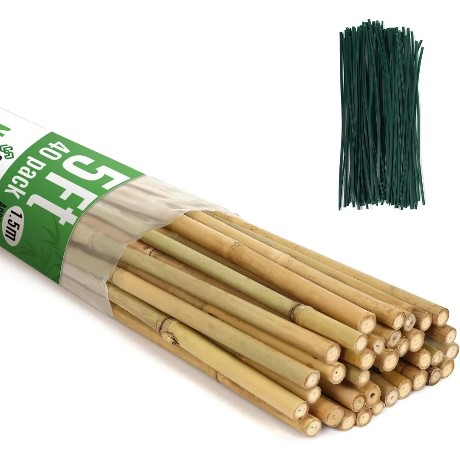 SWANGSA 40 Pack Bamboo Stakes for Plant 5 Feet 57.5inch Bamboo Sticks Plant Support Garden Stakes Poles with 200pcs Twist Ties