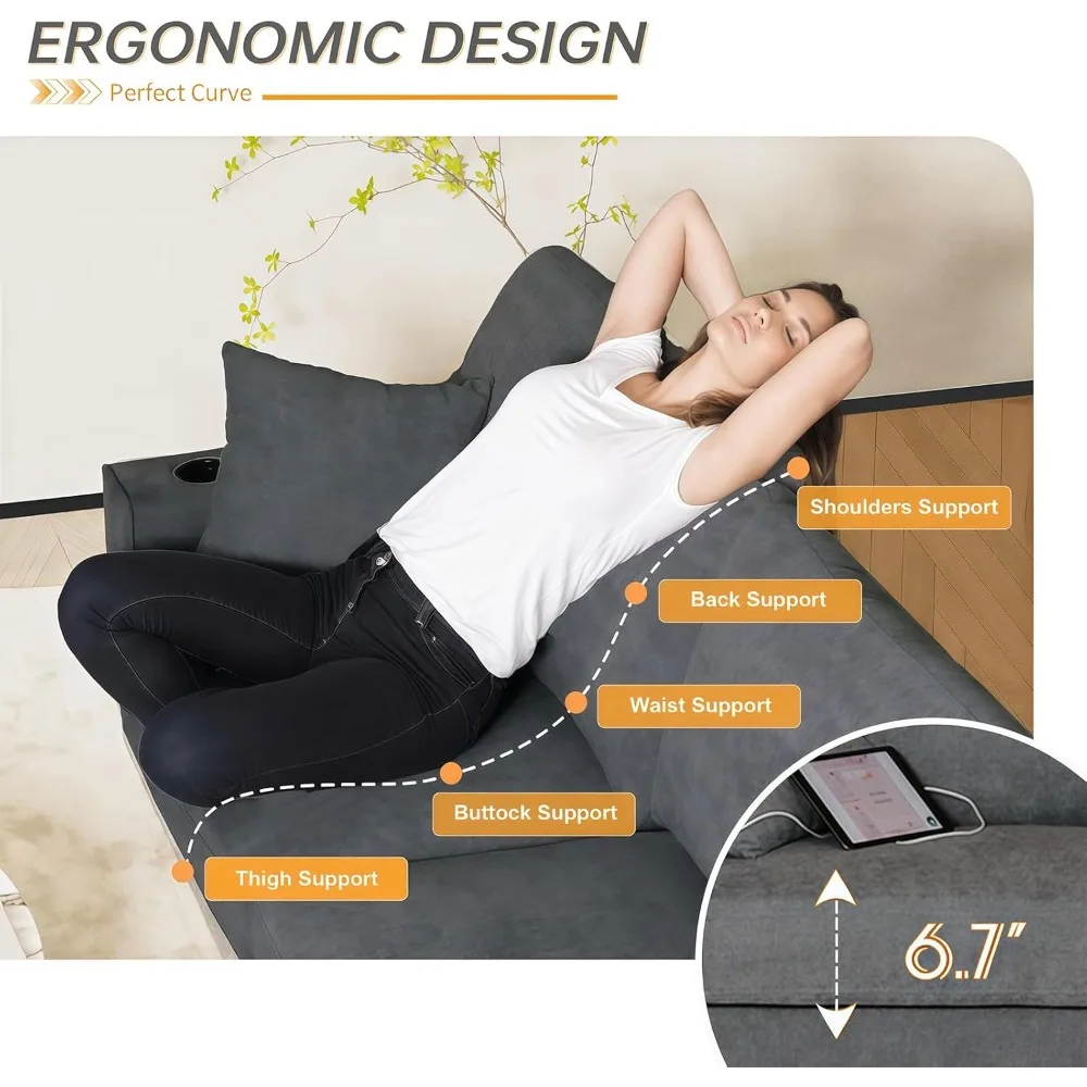 Sofás pequeños de 62" para espacios pequeños, sofá de apartamento Loveseat con carga USB/tipo C y 2 portavasos