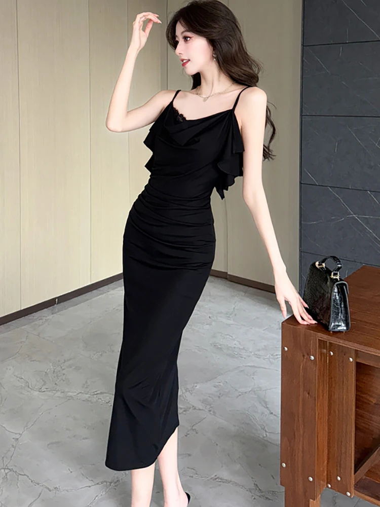 ฤดูร้อนสีดําจีบBodycon Chicลูกไม้สลิงชุดยาวเซ็กซี่ผู้หญิงElegant Ruffledพรหมชุด 2025 เกาหลีชุดราตรีวินเทจ