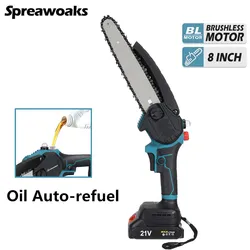 Brushless 8 Inch Electric Chain Saw Oil Tank Auto-refuel Wood Pruning Cutting Chainsaw Power Tools For Makita 18V Battery