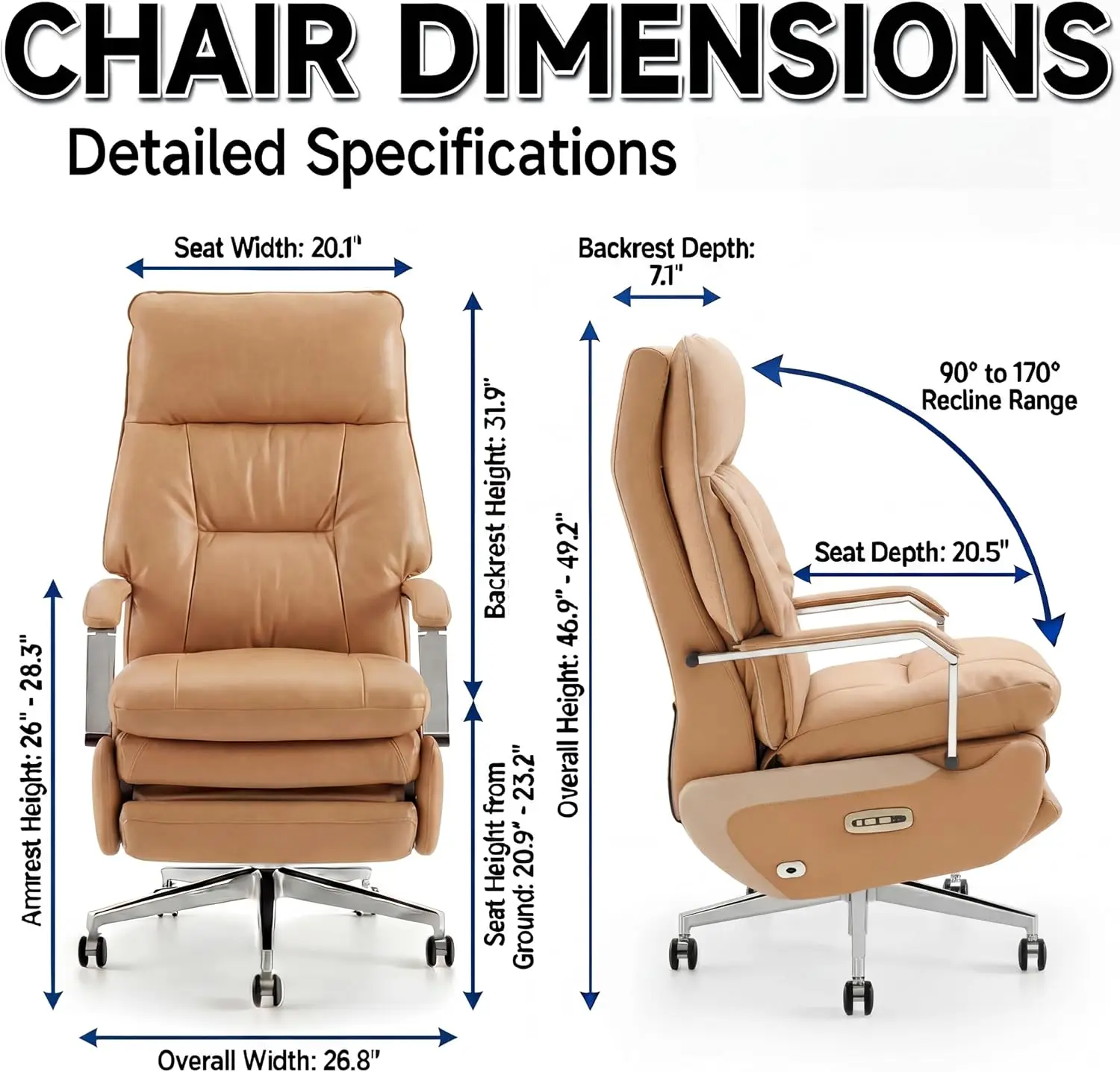 Dual Motor Executive office Chair, Big & Tall 450lbs, Electric, Brown | Electric recliner with footrest & USB ports, 170° zero g