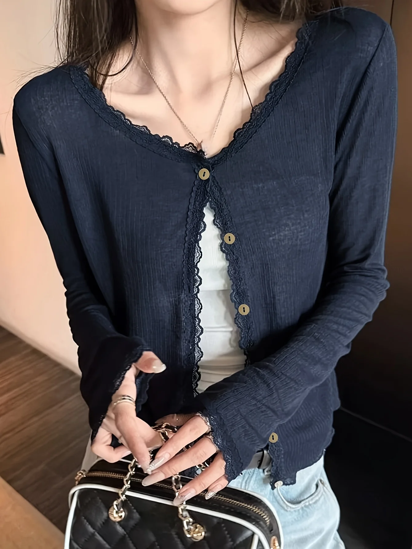 Solid Color Lace Ruffle Crew Neck Cardigan Thin See through Long Sleeve Open Front Knitwear for Women