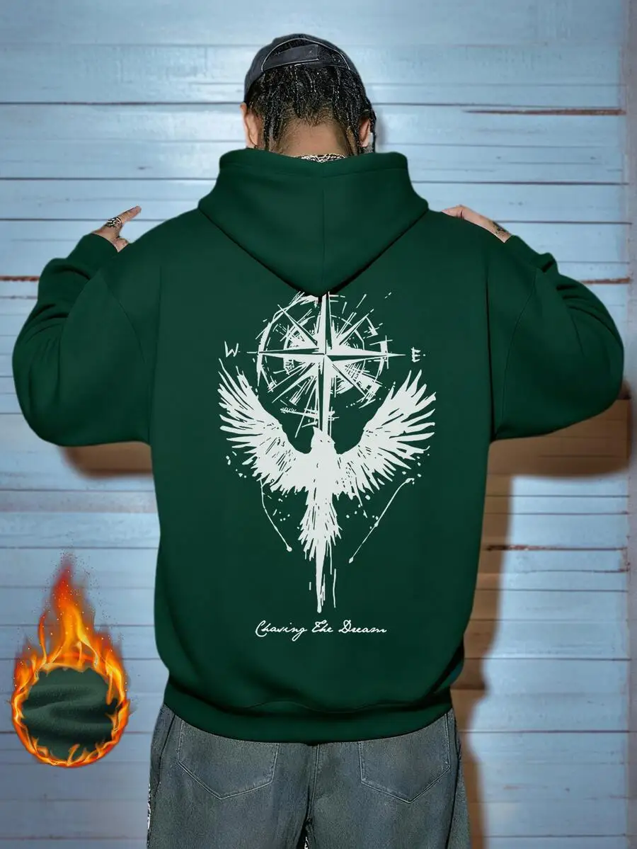 Zrgoth Men's Compass&Raven Element Loose Kangaroo Pocket Hoodie, Leading the Fashion Trend, Autumn/Winter Edition