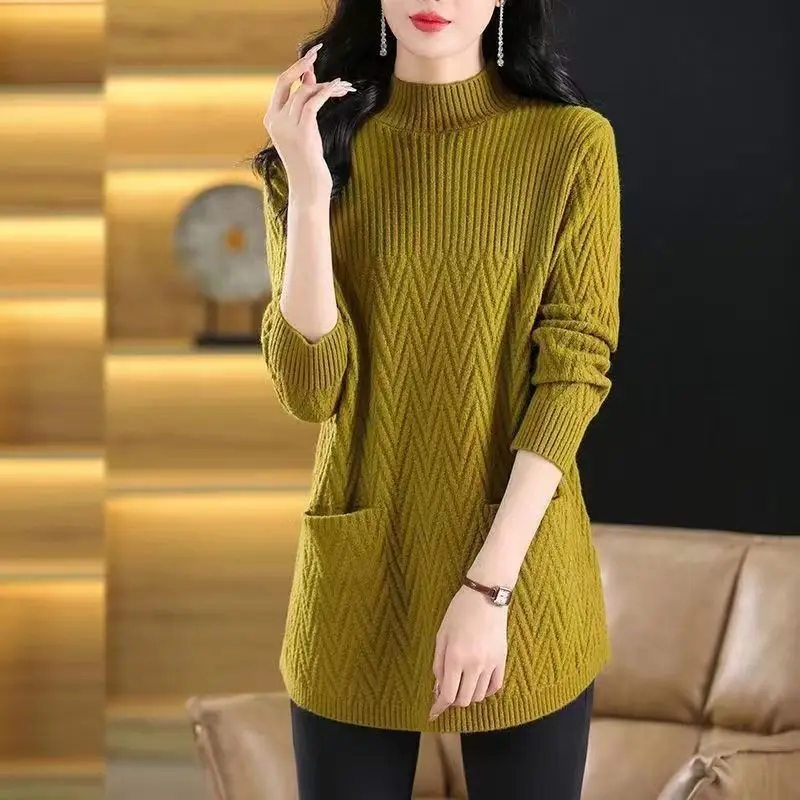 Autumn and Winter Mid Length Women's 2024 Pullover Half High Neck Panel Screw Thread Pocket Loose Knitted Long Sleeved Sweater