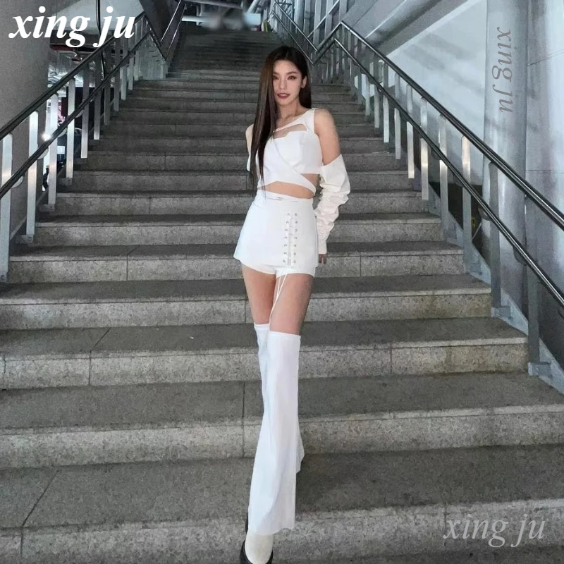 Kpop White Outfits Korean Singer Costume Halter Hollow Out Tops Lace-up Tight Shorts Jazz Dance Performance Clothes Stage Wear