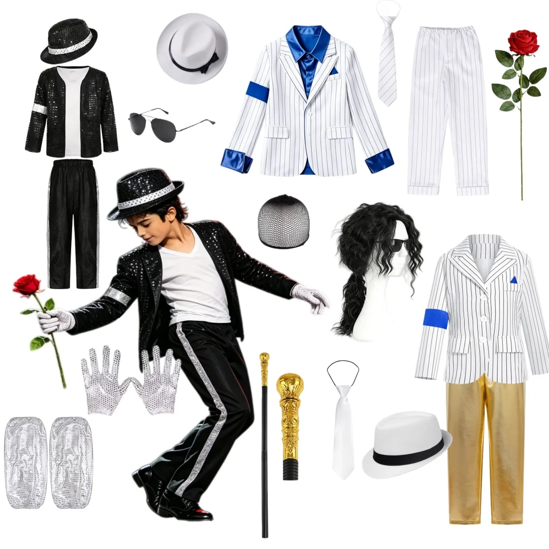 Tenue de scène scintillante et métallique années 80 et 90, vêtements pour garçons et filles, costumes de scène Michael, Smooth Criminal, MJ, pour enfants