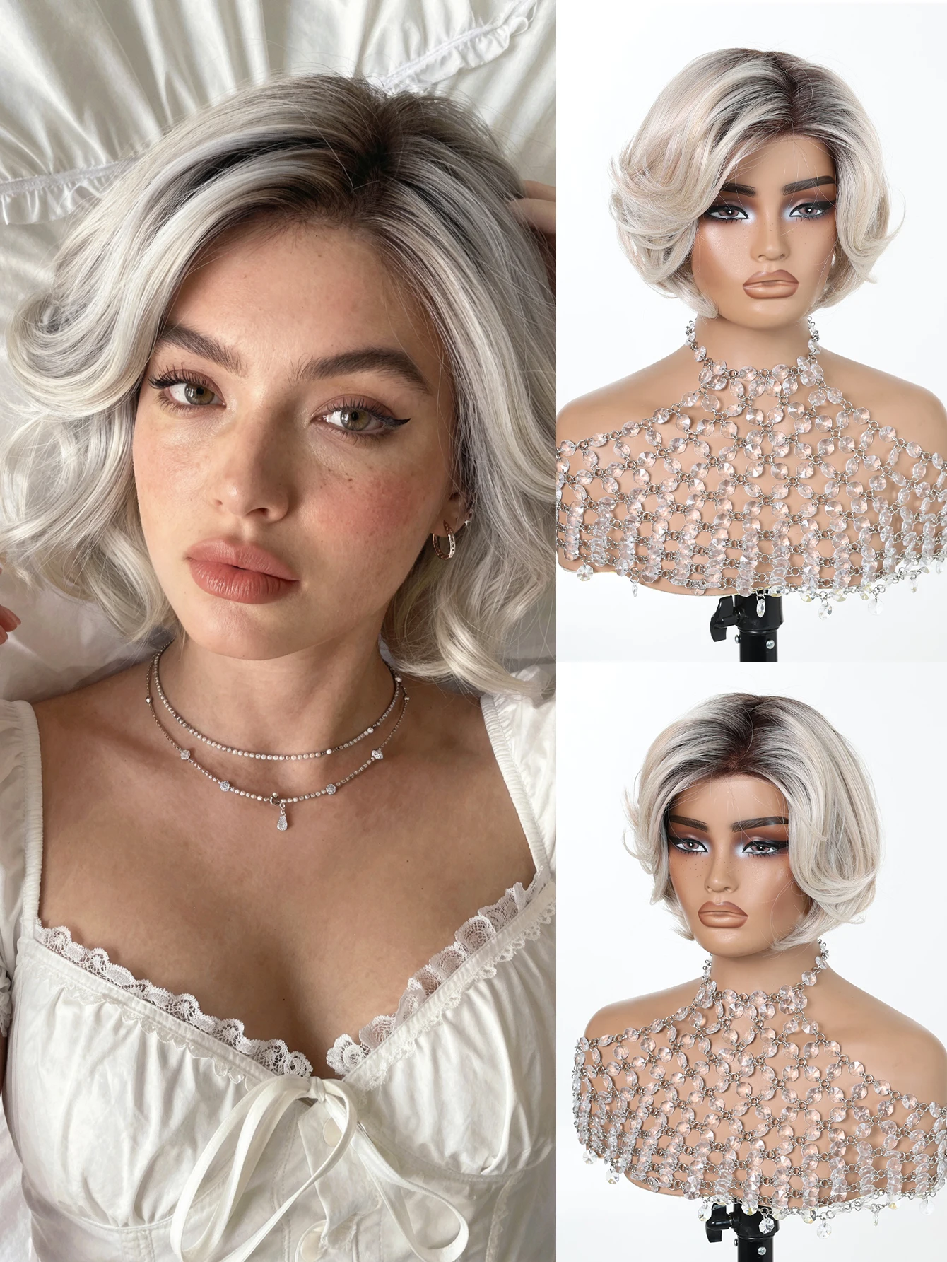Silver Grey Ombre Short Bob MONO Synthetic Wig Hand Tied Mono Top Import High Temp Fiber Breathable Adjustable Cap Daily Wig For