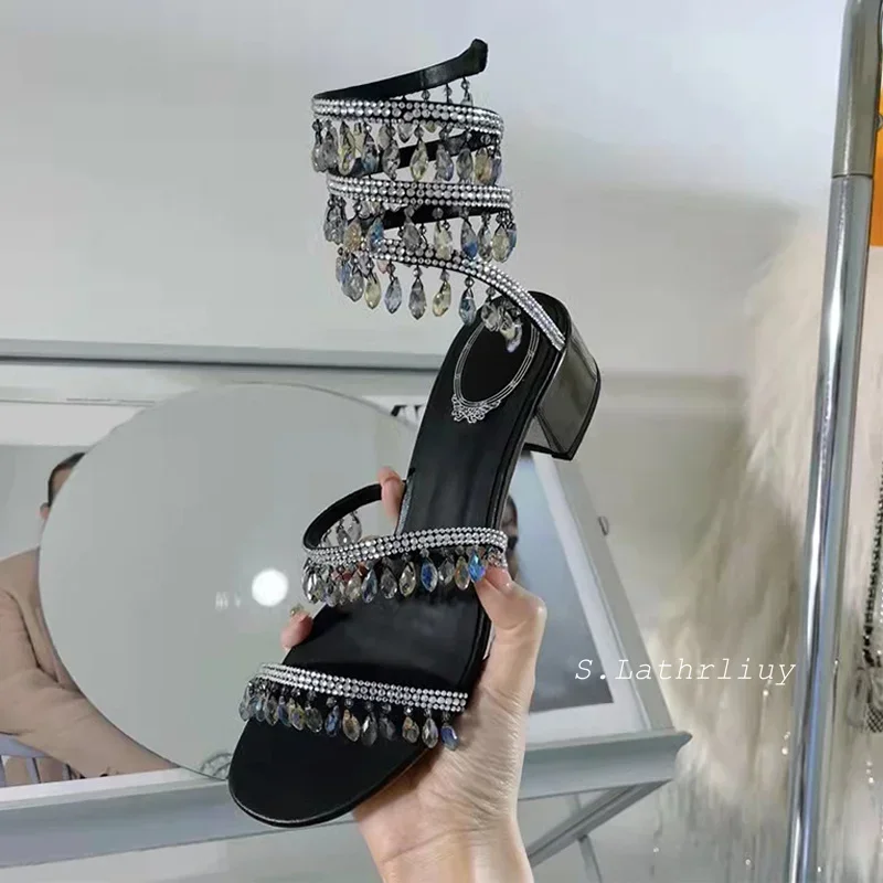 Sandalias de gladiador con borlas de cristal y tacones altos para mujer, Sandalias de gladiador con punta abierta y tacones gruesos, zapatos de vestir de fiesta a la moda de verano