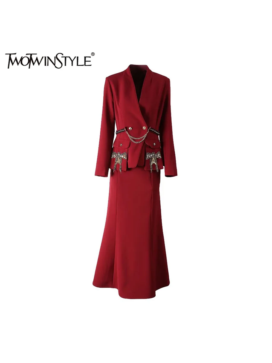 TWOTWINSTYLE Slimming Two Piece Set for Women Lapel Long Sleeve Coat High Waist Bodycon Skirt Elegant Sets Female