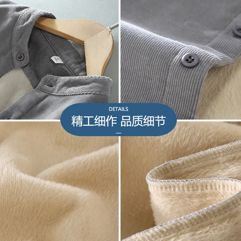 Vintage Winter Shirt Men Daily Casual Shirts Solid Stand Collar Fleece Thickened Corduroy Shirt Simple Tops Warm Camisa Hombre