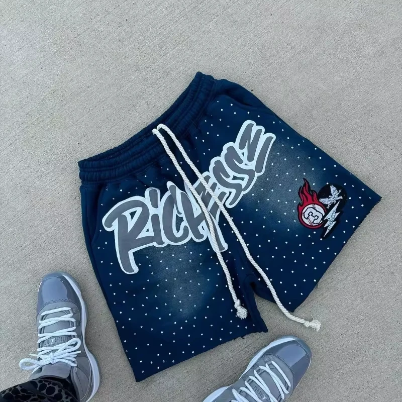 Pantaloncini da uomo Y2K Harajuku Pantaloni sportivi con stampa di lettere con strass Pantaloncini da moto casual da discesa e ad asciugatura rapida