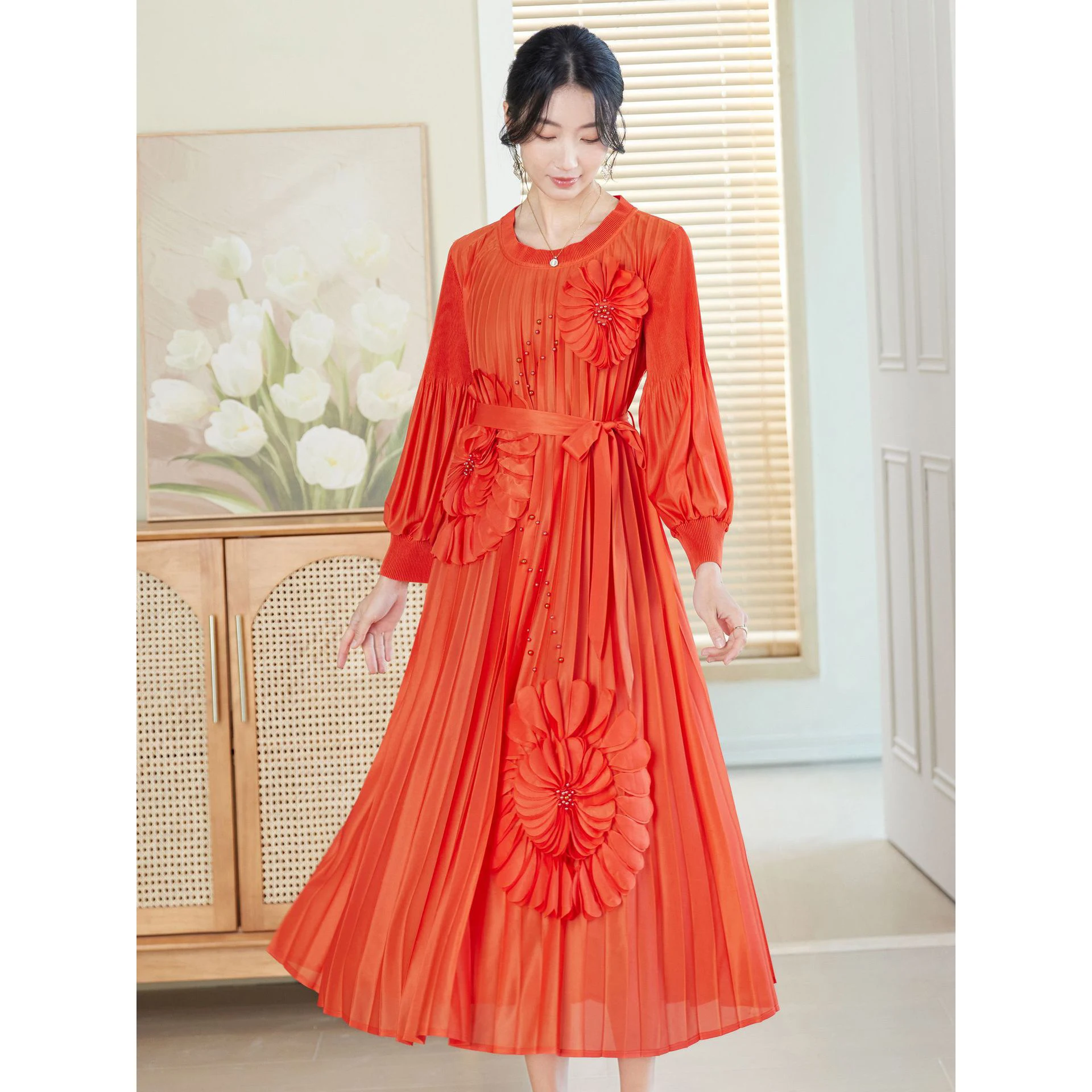 

Ele Heavy Work 3D Flower Beaded Floor Length Loose Women's Dr with Train Wedding Dr Ele Simple Sle
