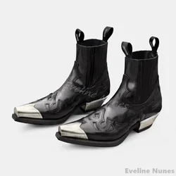Retro Iron Head Thick Bottom Chelsea Boots Women Square Toe Splicing Black Leather Stretch Boots 2024 New Autumn Punk Ankle Boot