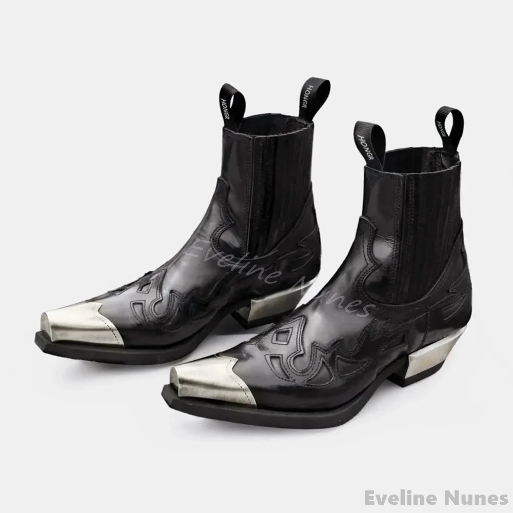 Retro Iron Head Thick Bottom Chelsea Boots Women Square Toe Splicing Black Leather Stretch Boots 2024 New Autumn Punk Ankle Boot