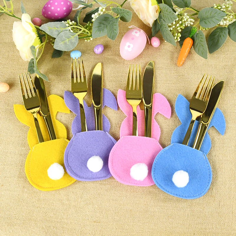 

4Pcs Easter Bunny Cutlery Bag Cartoon Rabbit Felt Knife Fork Cover Cutlery Set Tableware Utensil Holders Bags Easter Decoration