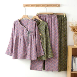 100% Cotton Night Wears For Women Nightie Print Sleepwear Pajamas Set Spring Autumn Long Sleeve Women's Pyjamas Suit Female