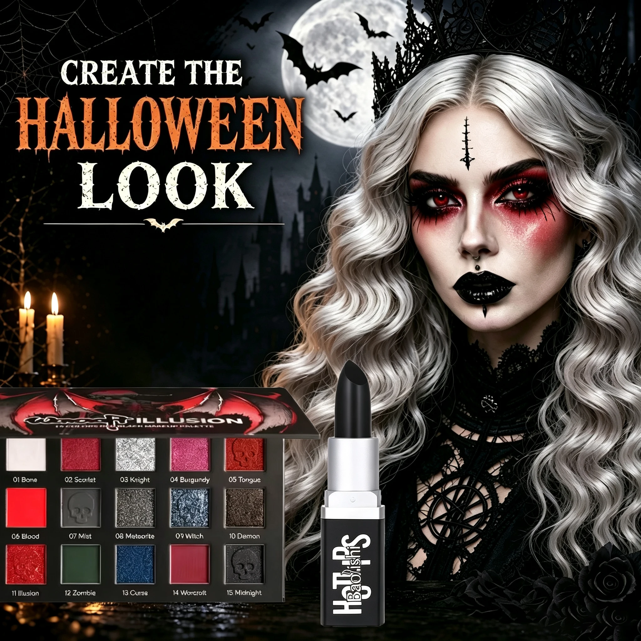 15 Color Gothic Rose Eyeshadow Palette with Black Lipstick, Pigmented Gothic Punk Makeup for Halloween Cosplay Party
