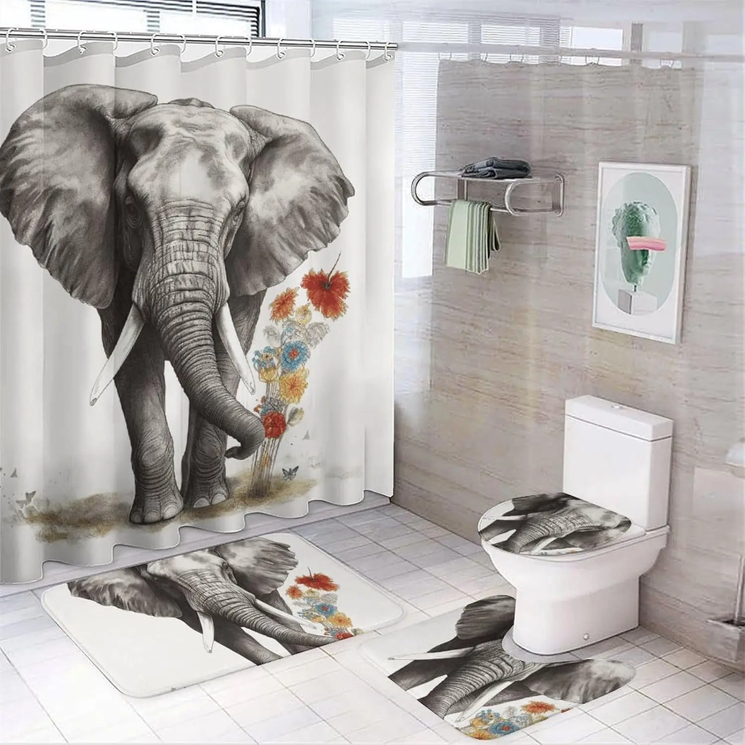 

Набор штор для душа со слоном, состоящий из 4 предметов, с нескользящими ковриками, крышкой для унитаза и ковриком для ванной, мягким ковром для ванной, водонепроницаемым ковром для ванной комнаты